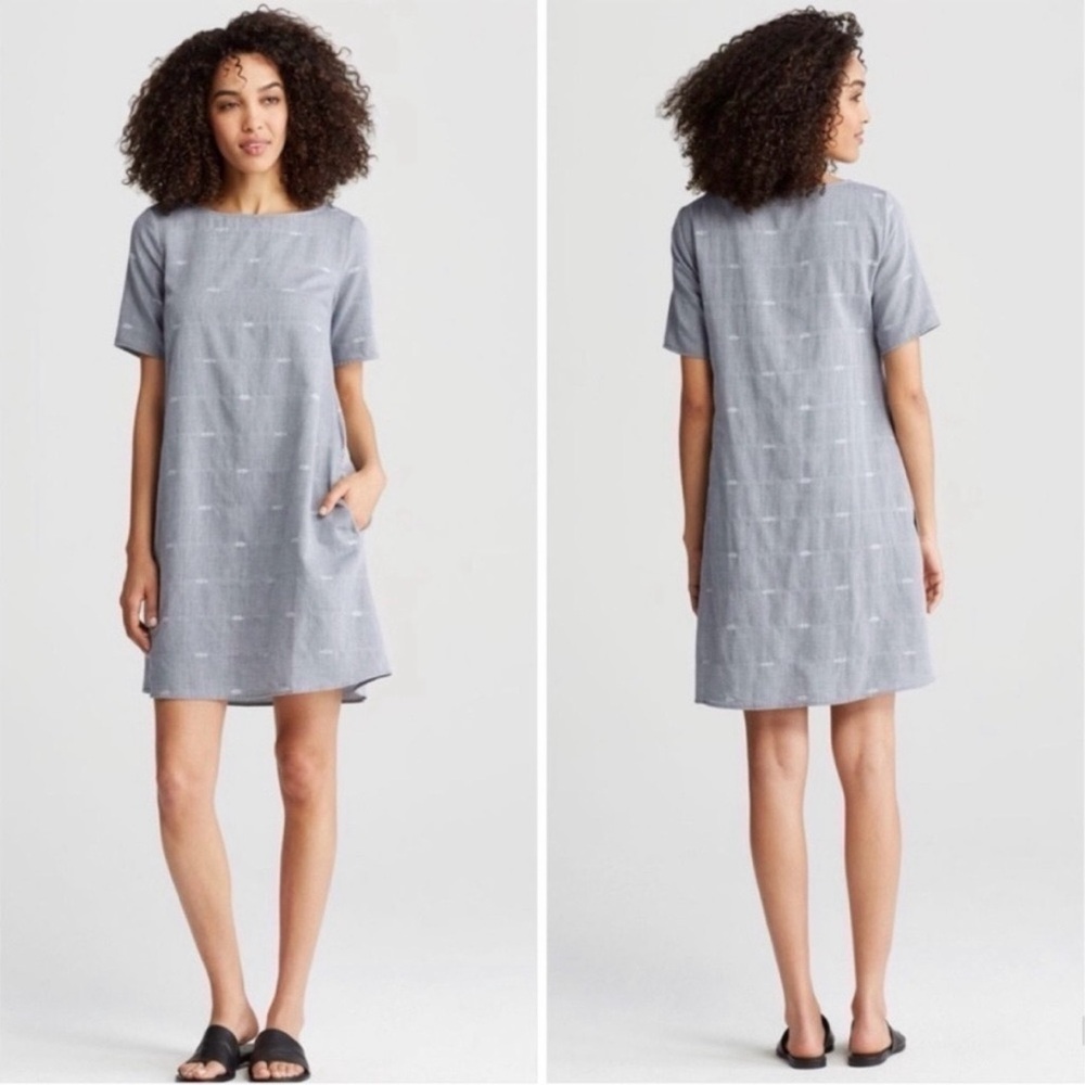 Eileen Fisher Denim Blue Nomadic Stripe Chambray Shift Dress w/ Pockets Size PL
